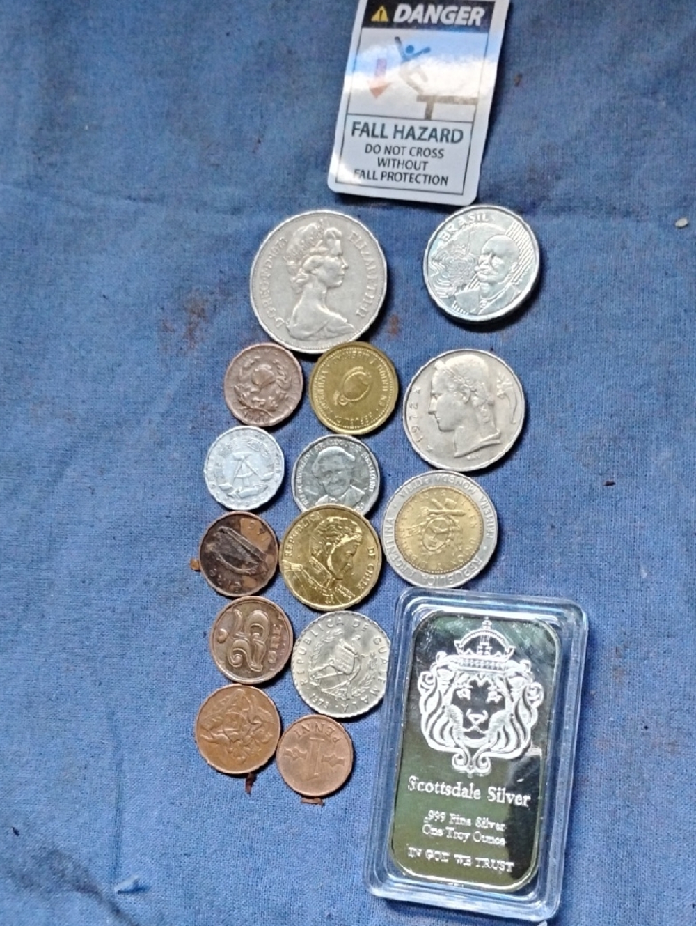 Mixed World Coins & Scottsdale Silver Bar - Blue Background